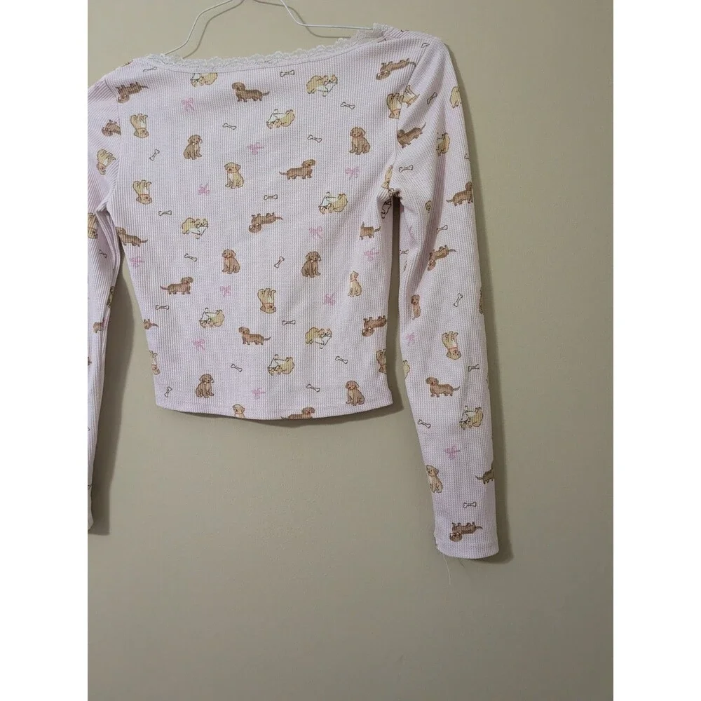 Pink Dog Print Pointelle Crop Top Lace Trim Girly Coquette Long Sleeve